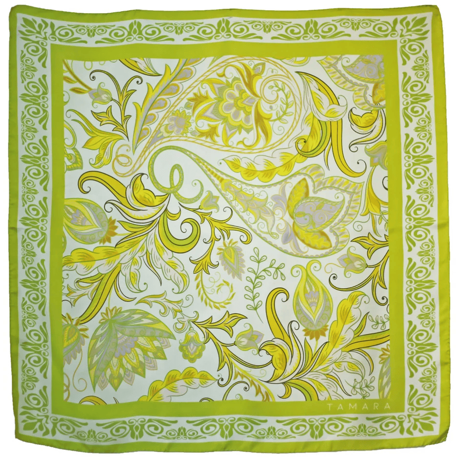 Photo of an Italian Silk Scarf, made by Tamara, elaborately designed - green designs