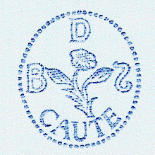 An image of Spinoza's signet ring, his initials surrounding a rose, with the word "caute" written below the rose.